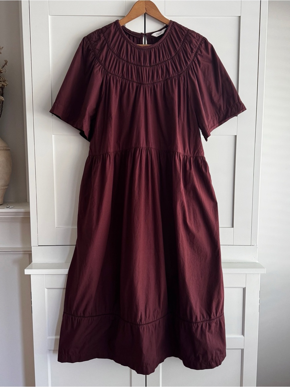 TOAST Gathered Cotton Midi Dress Burgundy Maroon Size 14 Made In India
